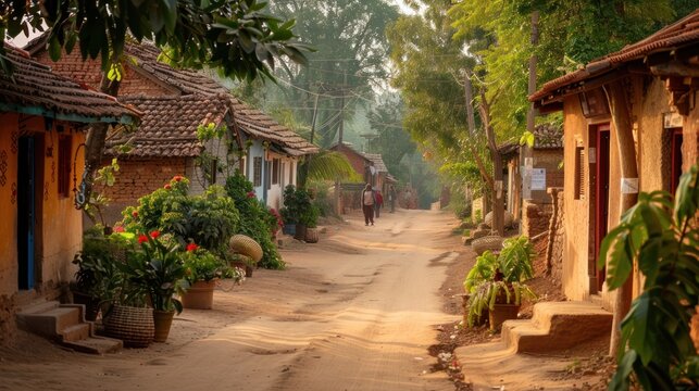 neat and clean village scene, tranquil rustic landscape showcasing authentic countryside life