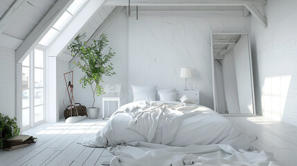 a modern bedroom with a sloped ceiling and skylights. The room is decorated in a contemporary style with a gray and white color scheme. The bed is the focal point of the room, with a wooden headboard 