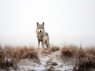 Fototapeta premium Wolf Standing In An Ancient, Foggy Battlefield