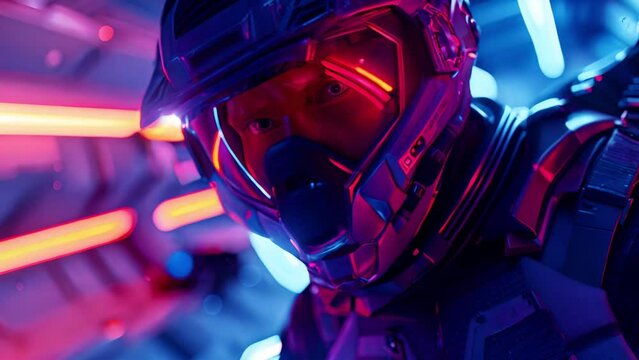 A futuristic armored figure stands illuminated by neon lights, with a focus on the helmet and upper body armor details