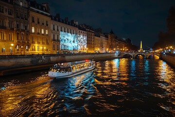 Obraz premium Light show on the Seine with Paris 2024 projections, night, 3D rendering, luminous effects