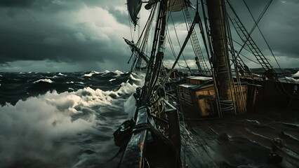 An old sailing ship battles fierce waves during a storm under a brooding sky