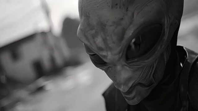 Close-up of an alien figure with large eyes, monochrome