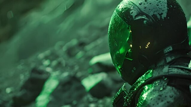  rain-soaked futuristic helmet with a glowing green visor, hinting at a sci-fi theme