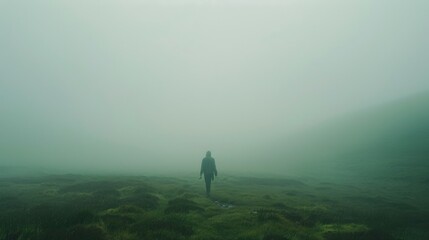 A person is walking through a foggy field