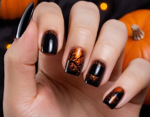 A hand holding a pumpkin with a black and orange nail design