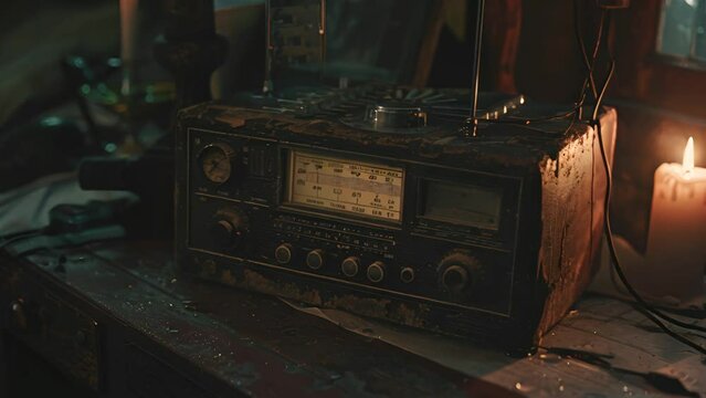 A vintage radio sits on a table, accompanied by a flickering candle. The scene evokes nostalgia and history