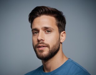 Fototapeta premium A man with a beard and a blue shirt is looking at the camera