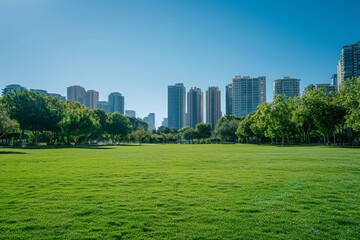 Obraz premium Modern cityscape with tall buildings overlooking a lush green park under a clear blue sky on a sunny day.