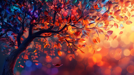 Vivid painting of a tree shedding orange leaves against an electric blue sky