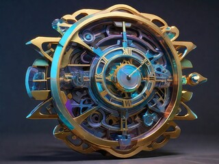 Sculpt a holographic representation of a mechanical clock, abstracted into geometric forms and patterns that capture its intricate gears and precise movements.