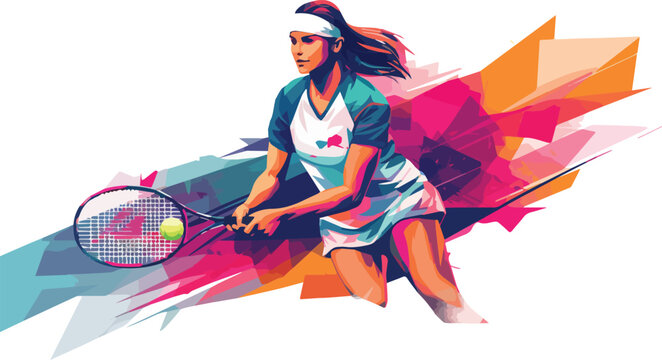 Tennis player woman with racket and ball isolated on white background. Vector illustration