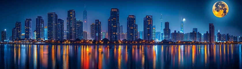 A stunning night skyline of a city with illuminated skyscrapers reflecting on the calm water, under a full moon and clear sky.