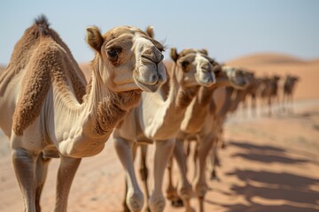 A group of camels gathered together in the desert under the sky - Powered by Adobe