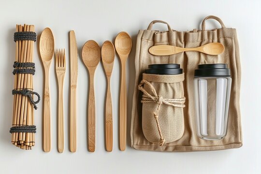 Zero-waste tableware placed on the table. An eco-friendly bamboo cutlery set. Sustainable, ethical and plastic-free lifestyle