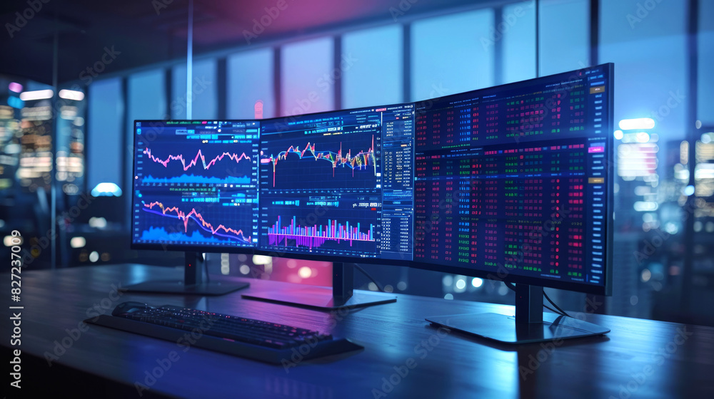 Poster trading graphs on computer monitors in a high-tech office. multiple screen trading station with fina