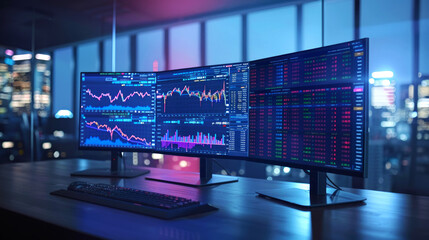 Trading graphs on computer monitors in a high-tech office. Multiple screen trading station with financial data. Concept of market analysis, finance professionals, and trading strategies.