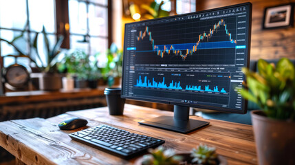 Trading charts on computer screen in a home environment. Home office setup with financial market analysis. Concept of independent trading, financial planning, and domestic work space.