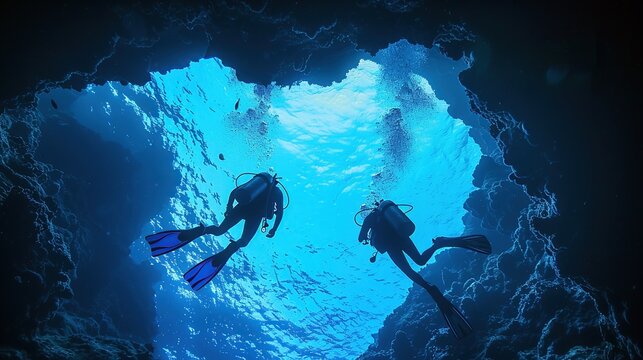 Oceanic underwater divers tunnel through cliffs in the depths of the sea. Generative Ai.