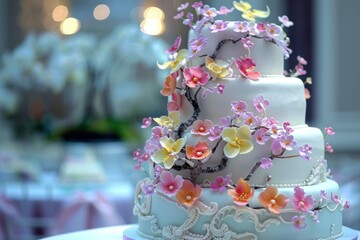 A wedding cake decorated with flowers is displayed on a table