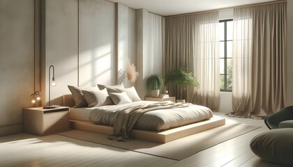 Obraz premium Serene Minimalistic Bedroom with Soft Natural Lighting and Neutral Tones
