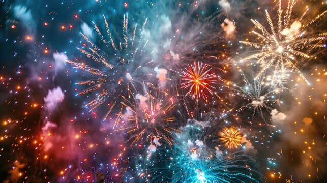 Night sky, fireworks burst in a dazzling display of colors and light. 