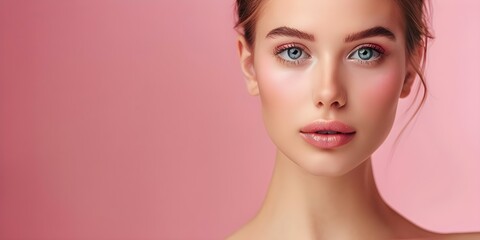 Fototapeta premium Radiant Caucasian woman with smooth skin and collarbones on a pink background. Concept Beauty, Portrait, Radiant Skin, Fashion, Pink Background