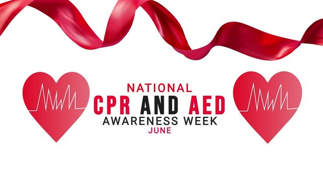 national cpr and aed awareness week. Red color ribbon wave motion. love animation.