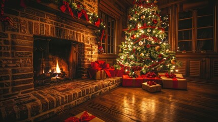 Fototapeta premium Christmas tree stands beside a fireplace, adorned with twinkling lights and ornaments.