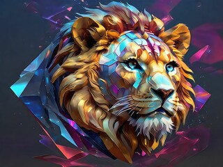 Visualize a holographic representation of a lion, abstracted into dynamic geometric forms and patterns that convey its majestic presence and powerful mane.