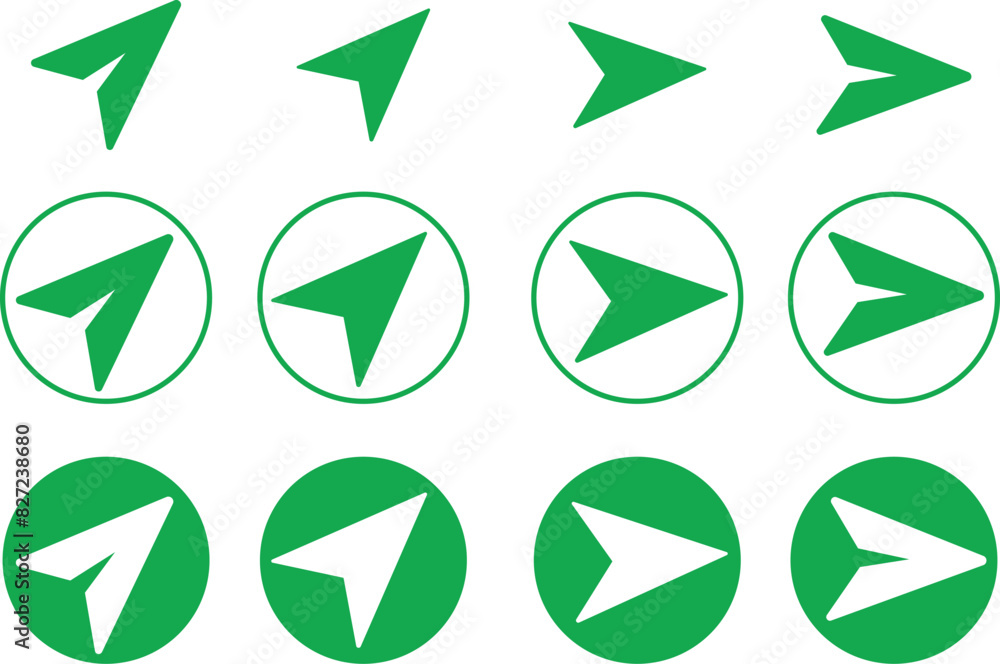 Poster green direct message or dm icons set. fill messages send icons. plane origami send icons for website