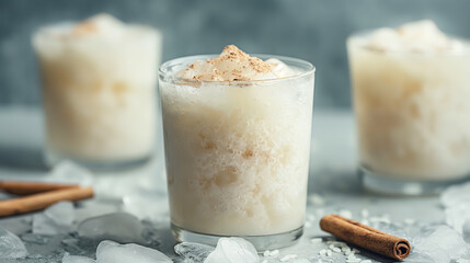  3 glasses of horchata, with ice and cinnamon on the side