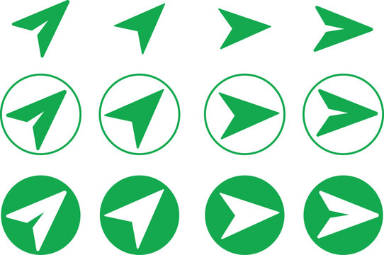 Green Direct message or DM icons Set. Fill Messages send icons. Plane origami send icons for website designs. Send post or mail or email arrows icons collection isolated transparent background.