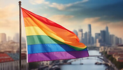 waving lgbt flag against the backdrop of a big city and skyscrapers, queer gay pride month, the fight against homophobia
