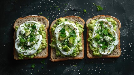 slices of whole wheat toast with creamy spread containing mashed avocado & yogurt on the top of the toast, black background, flat lay shot angle