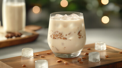 A glass of horchata milk tea with nuts and ice cubes, placed on the wooden table