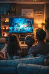Family bonding watching TV on sofa in bright living room.