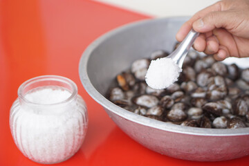 Close up hand holds spoon of salt to put into bowl of fresh clams for cleaning. Concept, Trick for cleaning fresh food before cooking to get rid of dirty and stinking smell.                