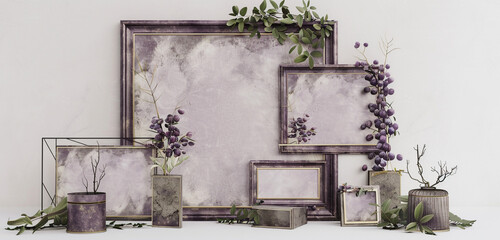 Stereoscopic rectangle template set with plum scrapbook mockup frame photo collage.