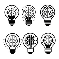 Brain icon inside a light bulb set vector image