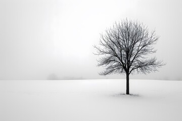 Fototapeta premium A minimalist composition of an isolated tree in the middle of a snowy field