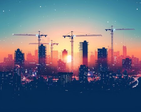 Dusk urban skyline with construction cranes building skyscrapers, highlighting the vibrant growth and development of a modern city.