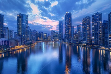 Fototapeta premium Stunning cityscape at twilight showcasing skyscrapers and their reflections in a serene river, capturing the essence of urban life.
