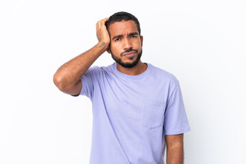 Fototapeta premium Young Ecuadorian man isolated on white background with an expression of frustration and not understanding