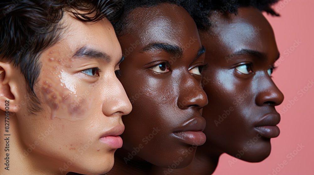 Aufkleber three men with diverse skin tones standing together in a studio showing the results of a consistent 