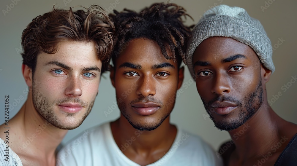 Poster three men with diverse skin tones standing together in a studio showing the results of a consistent 