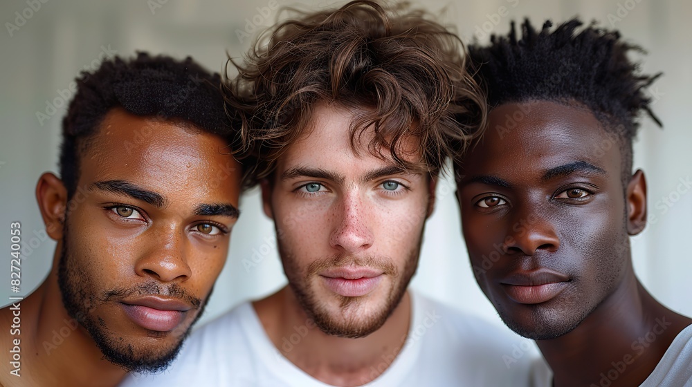 Aufkleber three men with diverse skin tones standing together in a studio showing the results of a consistent 
