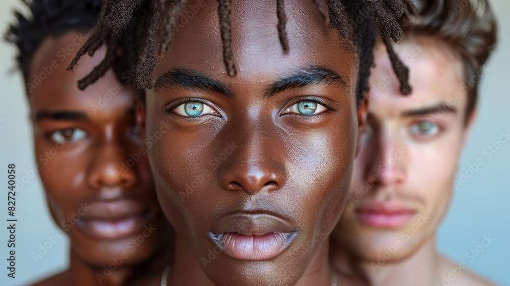 Poster three men with diverse skin tones standing together in a studio showing the results of a consistent skincare routine