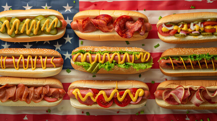 Playful variety of hotdogs arranged on American flag