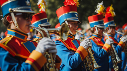 Wide shot of marching band playing patriotic tunes, colorful uniforms, and instruments